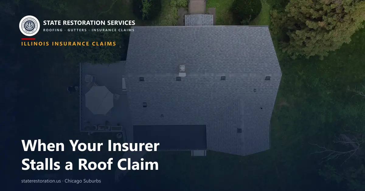 Aerial view of a completed asphalt shingle roof on a Chicago-suburb home, for a guide to delayed Illinois roof claims