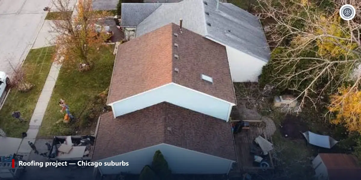 Aerial photo of a completed State Restoration Services shingle roof replacement on a Chicago-area home
