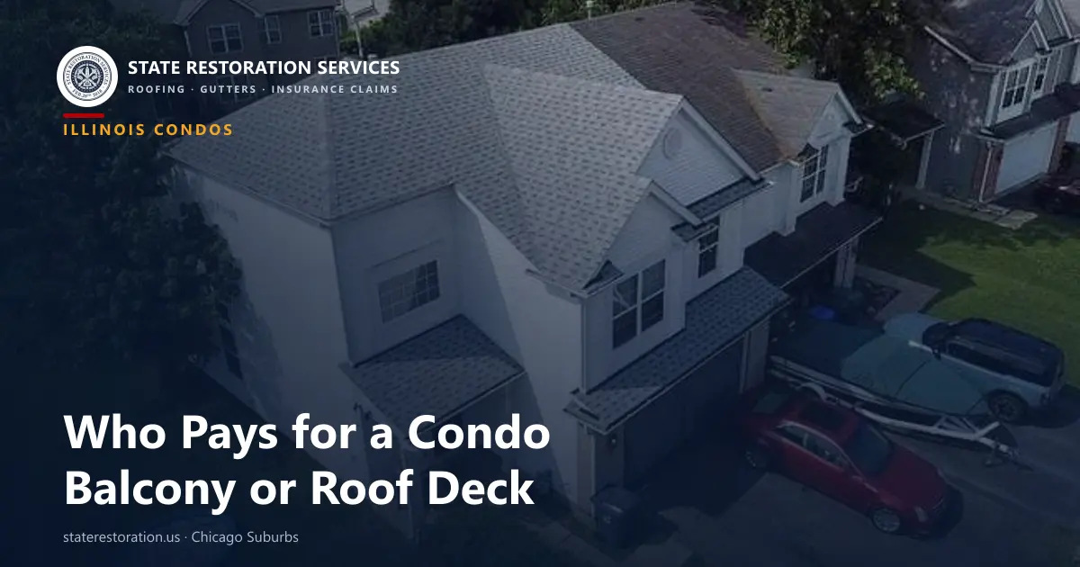 Aerial view of an attached multi-unit residential building with a shared shingle roof in the Chicago suburbs
