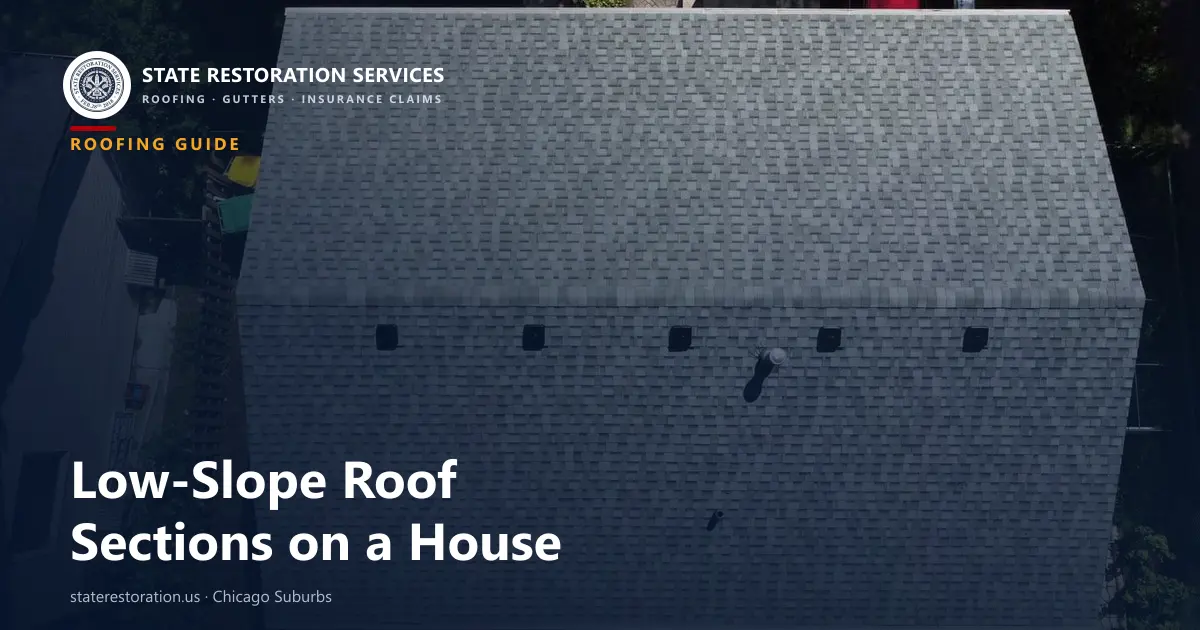 Low-slope porch and addition roof sections on a pitched suburban house in the north Chicago suburbs