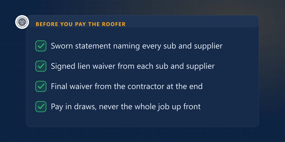 Checklist of what to collect before paying a roofer in Illinois: sworn statement, lien waivers, final waiver, staged draws