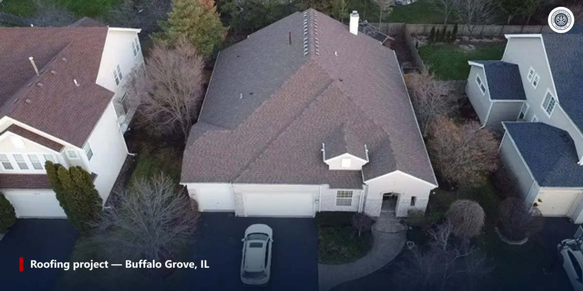 Aerial view of a completed asphalt shingle roof replacement on a Buffalo Grove, Illinois home