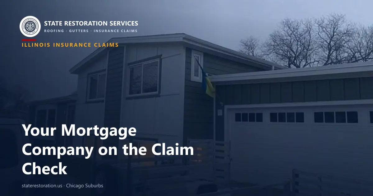 Roof insurance claim check naming a mortgage company alongside the homeowner in Illinois