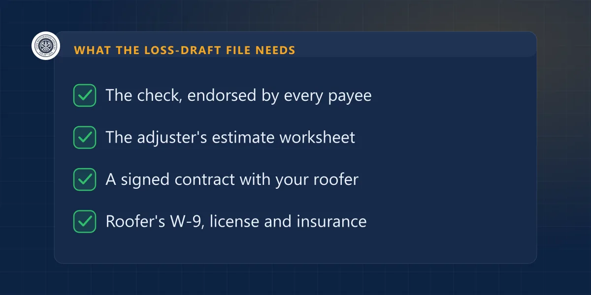 What a loss-draft file needs: endorsed check, adjuster estimate, signed roofing contract, roofer W-9 and license
