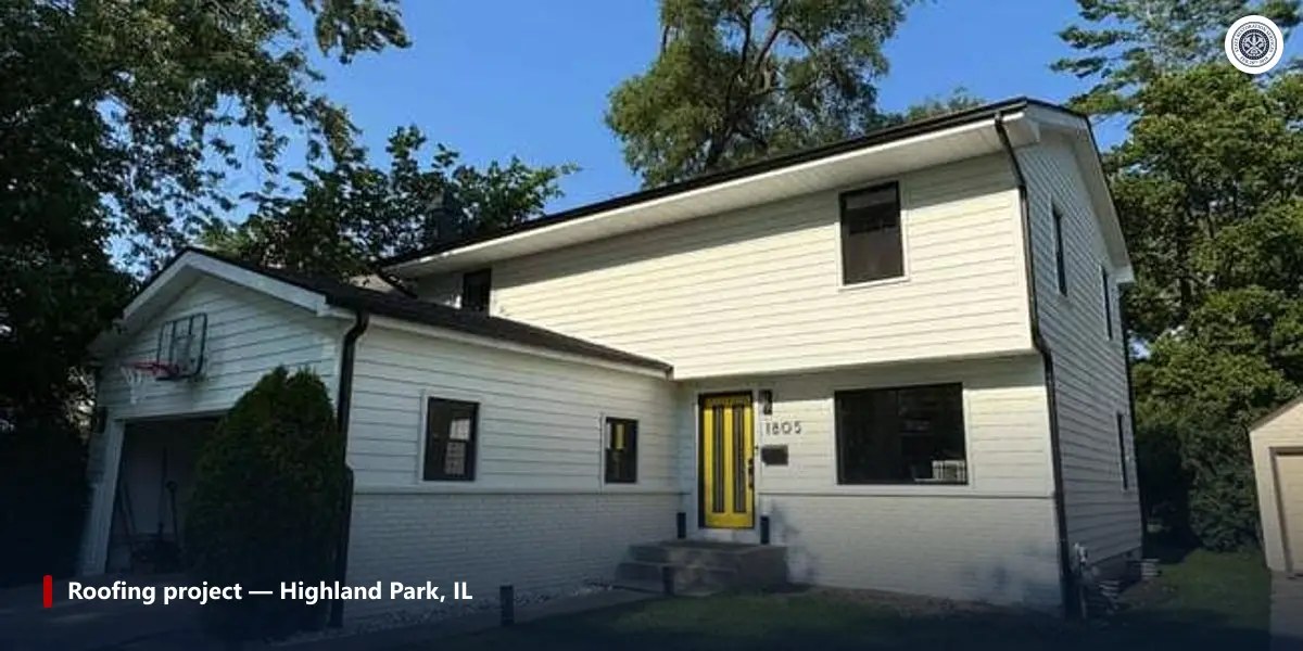 Completed roof and siding on a two-story home in Highland Park, Illinois, after a storm-damage insurance claim