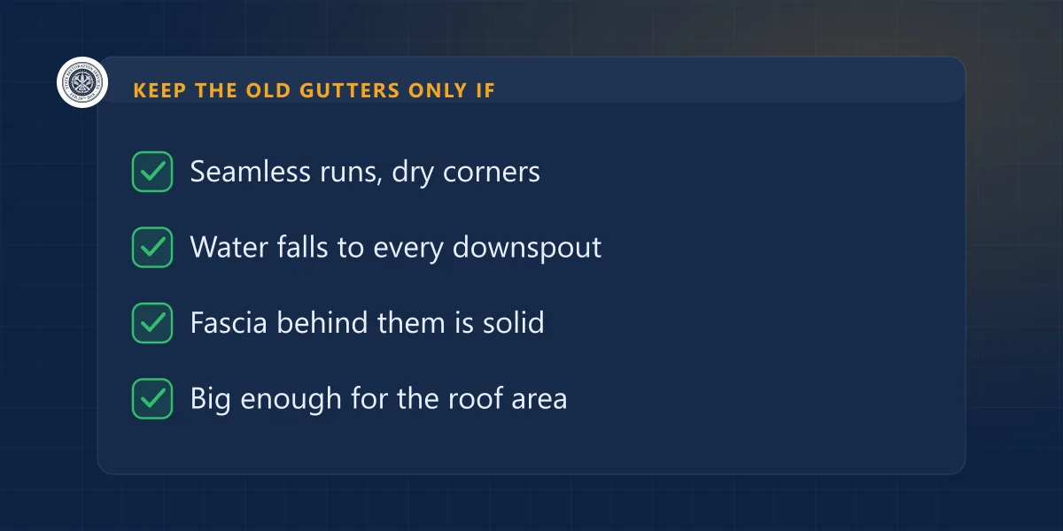 Checklist of four conditions for keeping old gutters: one-piece runs with dry corners, water reaching every downspout, solid fascia, enough size