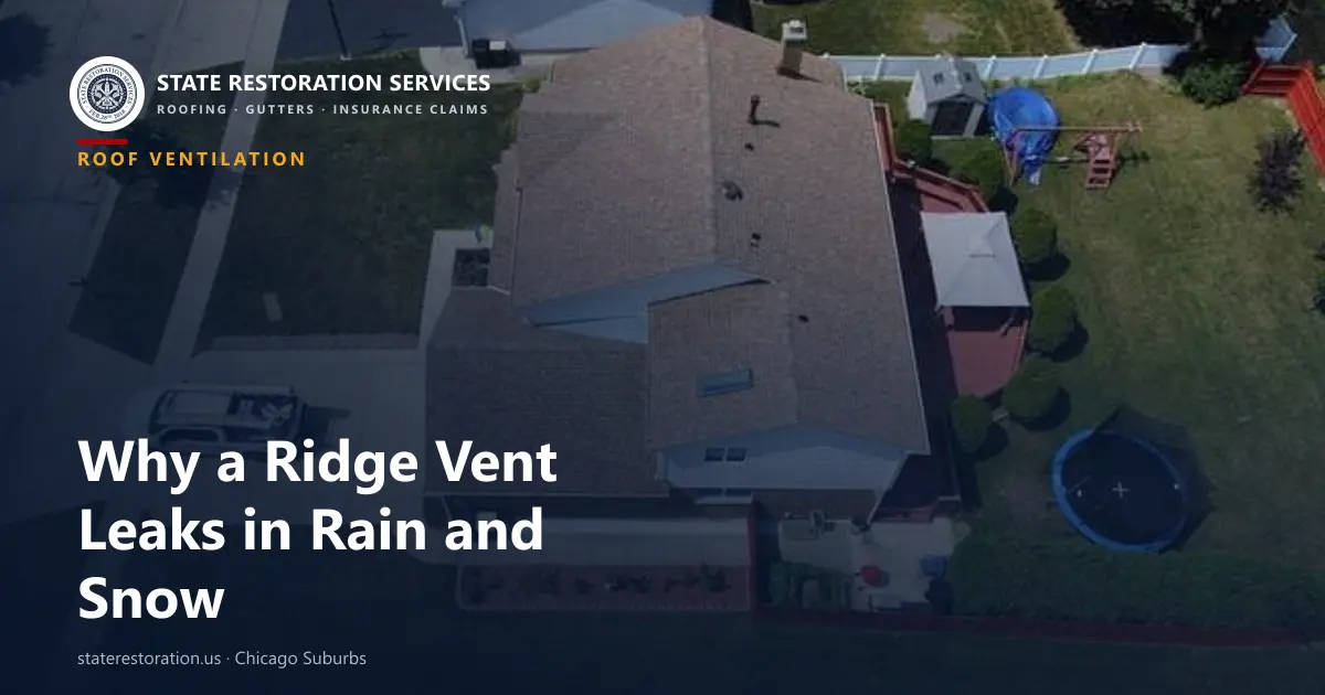 Aerial view of a brown shingle roof with a long ridge, a chimney and roof vents