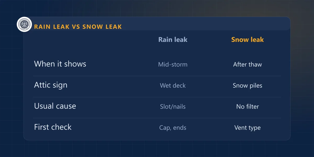 Comparison banner: a rain leak at the ridge shows mid-storm as wet deck, a snow leak shows after a thaw as snow piles