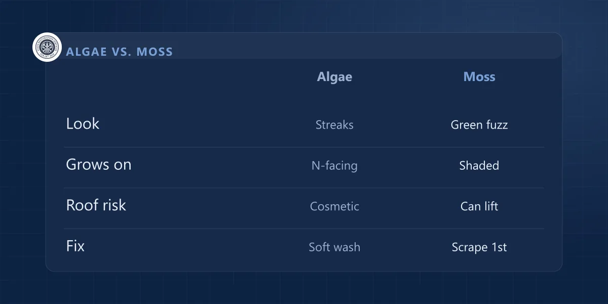 Comparison chart of roof algae versus moss by appearance, growth location, roof risk, and fix