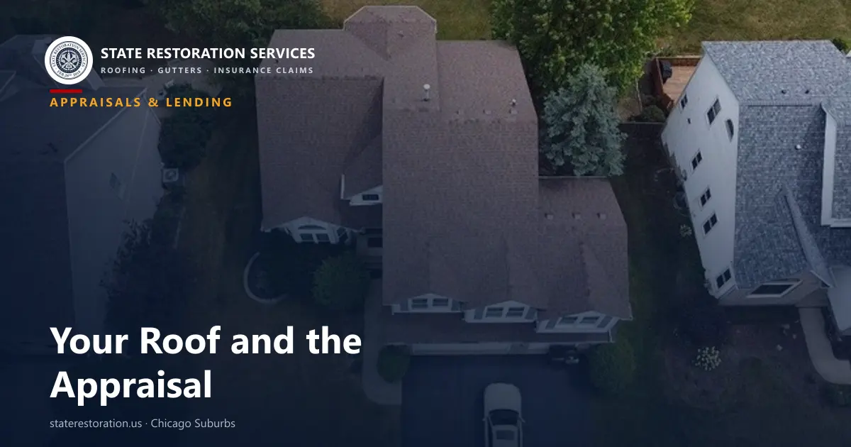 Aerial view of a completed asphalt shingle roof on a Chicago-area suburban home
