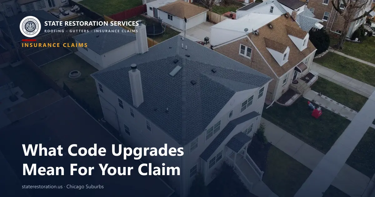 Aerial view of an Illinois roof showing drip edge and ice-and-water shield code upgrades added during an insurance claim repair