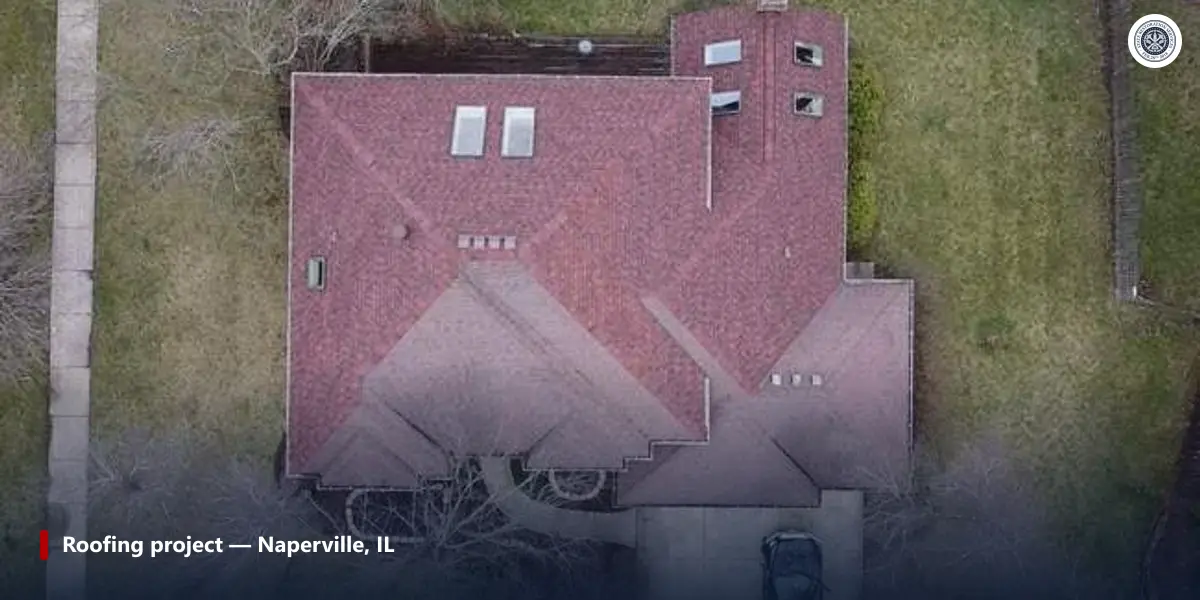 Aerial view of a completed code-compliant roofing replacement project in Naperville, IL