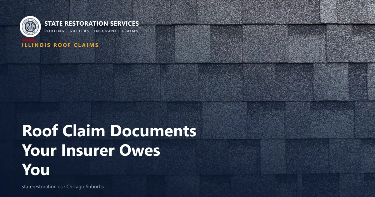 Close-up of architectural asphalt shingles on a Chicago-suburb roof, illustrating a guide to Illinois roof claim documents.