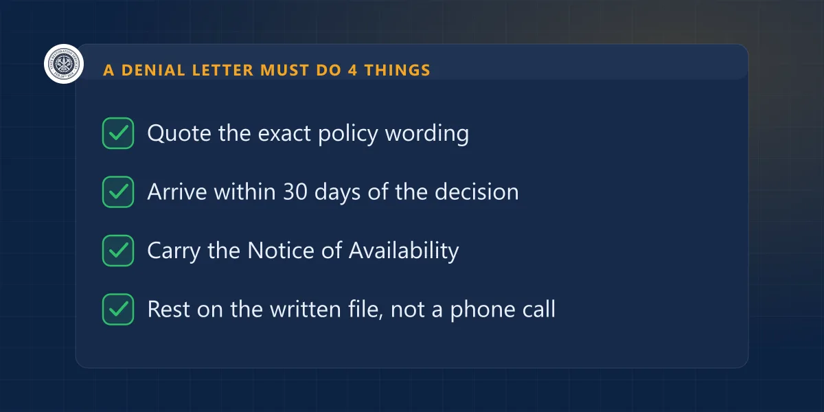 Checklist: an Illinois denial letter must quote the policy wording, arrive in 30 days and carry the Notice of Availability.