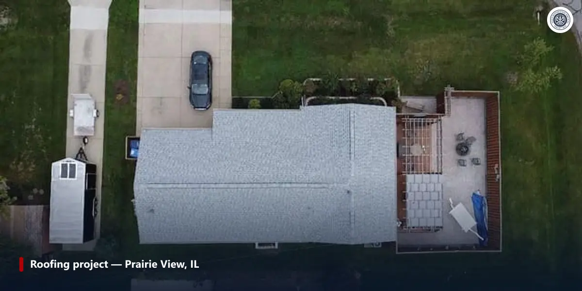 Aerial photo of a completed asphalt shingle roof replacement by State Restoration Services in Prairie View, Illinois.