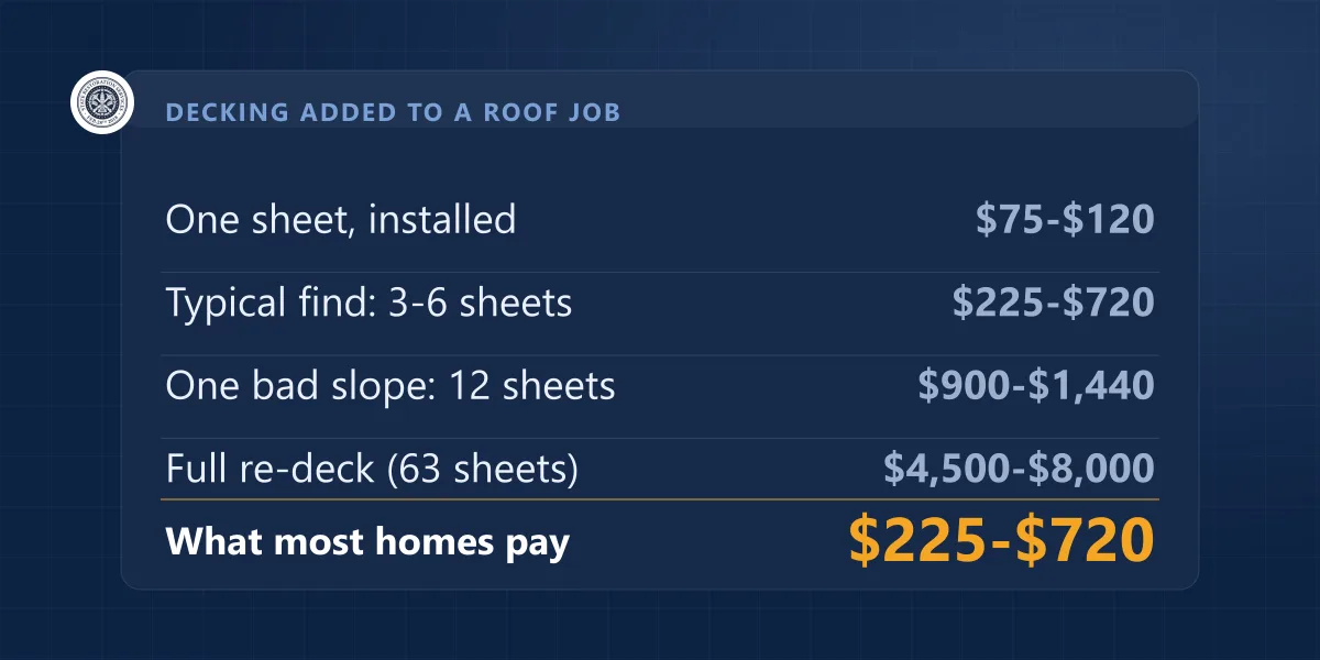 Roof decking cost breakdown: $75-$120 per sheet, $225-$720 typical, $4,500-$8,000 full re-deck