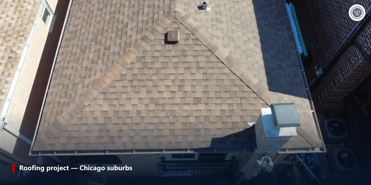 Completed asphalt shingle roof on a Chicago-suburb home, photographed from above