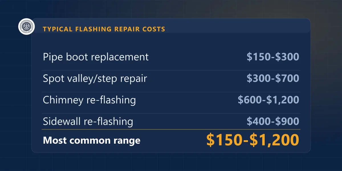 Data banner showing typical Chicago-area flashing repair cost ranges by type