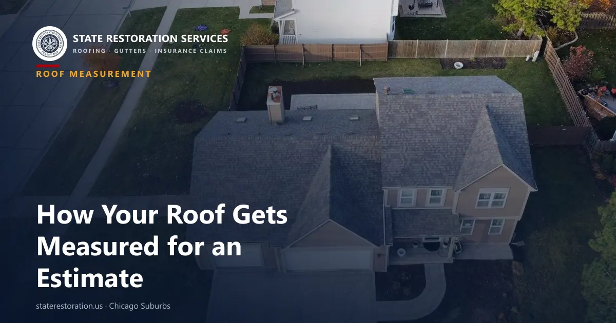 Drone view of a two-story Chicago-area house with a gabled asphalt shingle roof and an attached garage