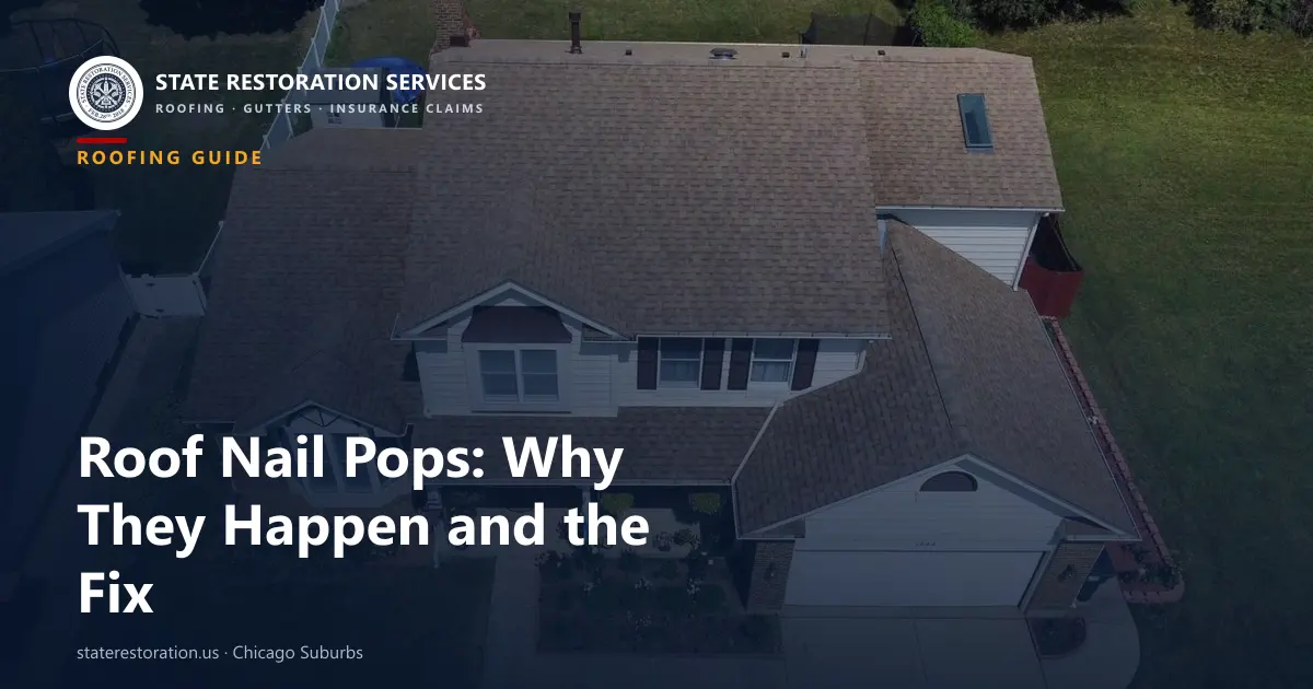 Aerial view of an asphalt shingle roof, cover image for a guide to roof nail pops