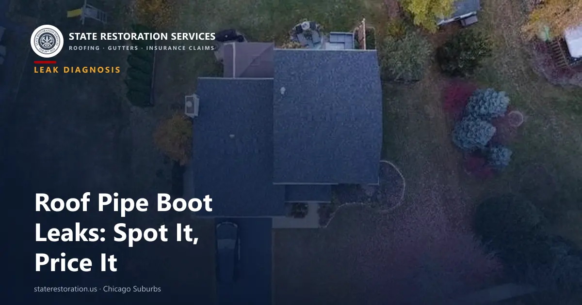 Aerial view of an asphalt shingle roof in the Chicago suburbs with plumbing vent stacks and pipe boots