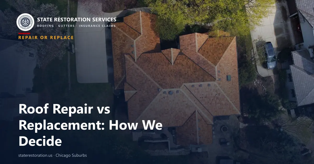 Comparison graphic showing when a roof qualifies for repair versus full replacement, from age and leak count to decking condition and storm damage percentage.