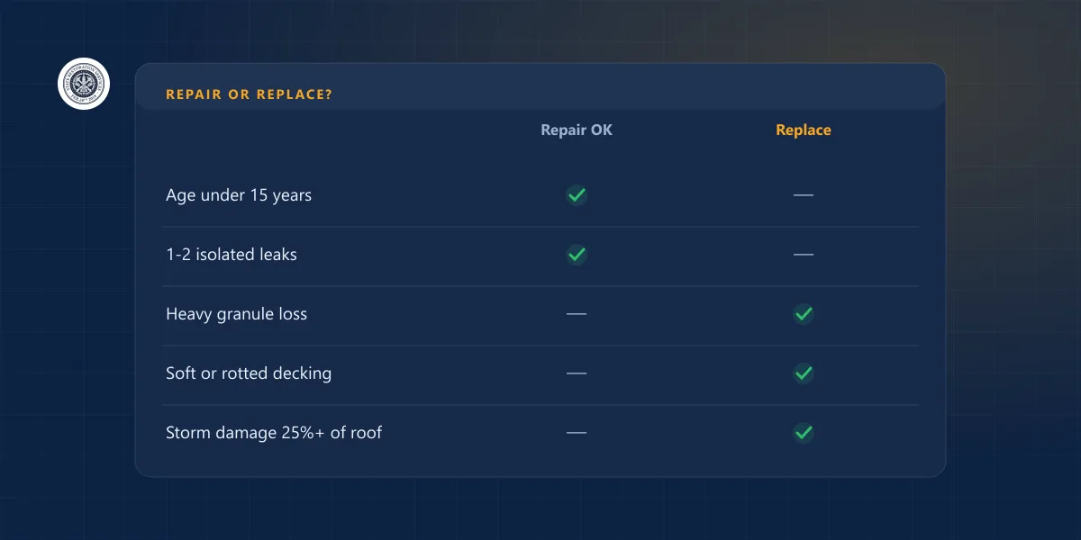 Table comparing five roof conditions and whether each one points to a repair or a full replacement