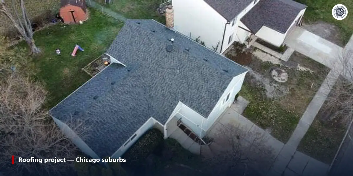 Aerial view of a finished architectural shingle roof on a Chicago-suburb home, an SRS roofing project