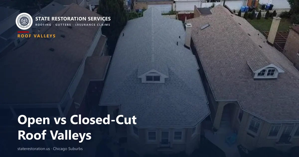 Aerial view of a Chicago-suburb roof showing the valleys where two roof planes meet