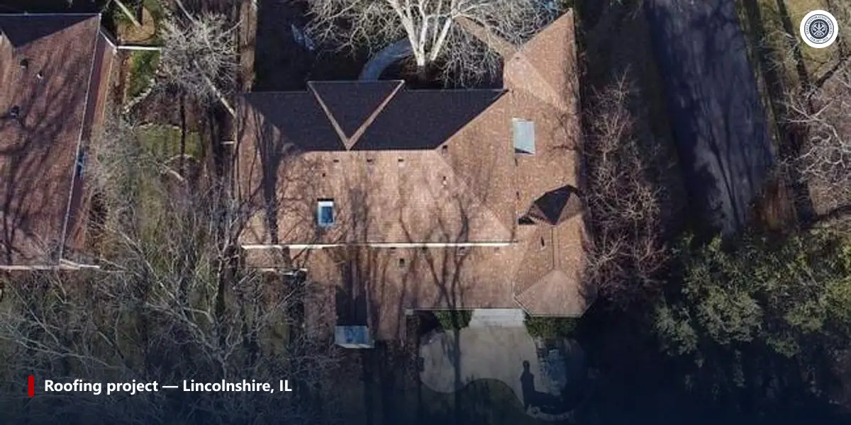 Aerial view of a completed roofing project in Lincolnshire, Illinois, showing the valleys where roof planes meet