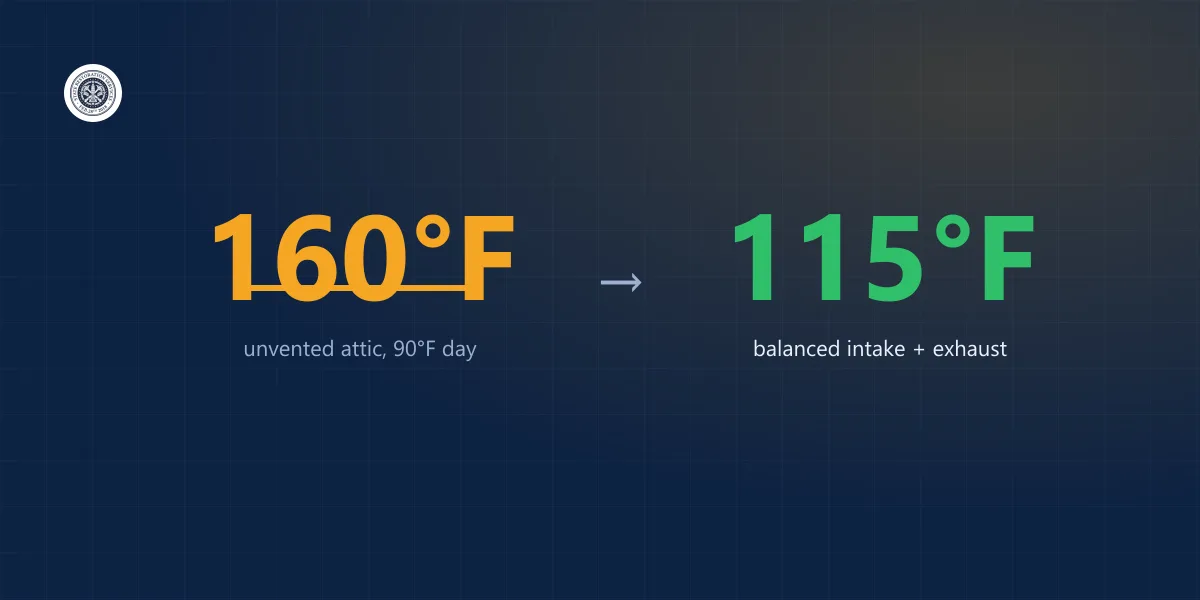 Attic temperature comparison: 160 degrees unvented versus 115 degrees with balanced intake and exhaust ventilation