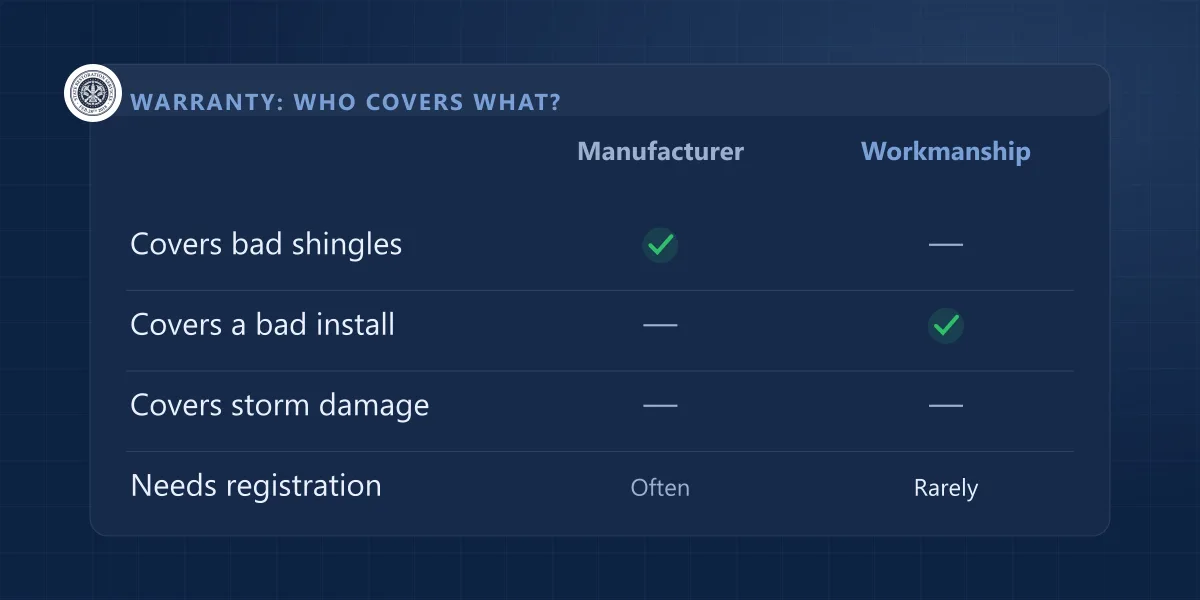 Table comparing what a manufacturer roof warranty covers versus a roofer workmanship warranty