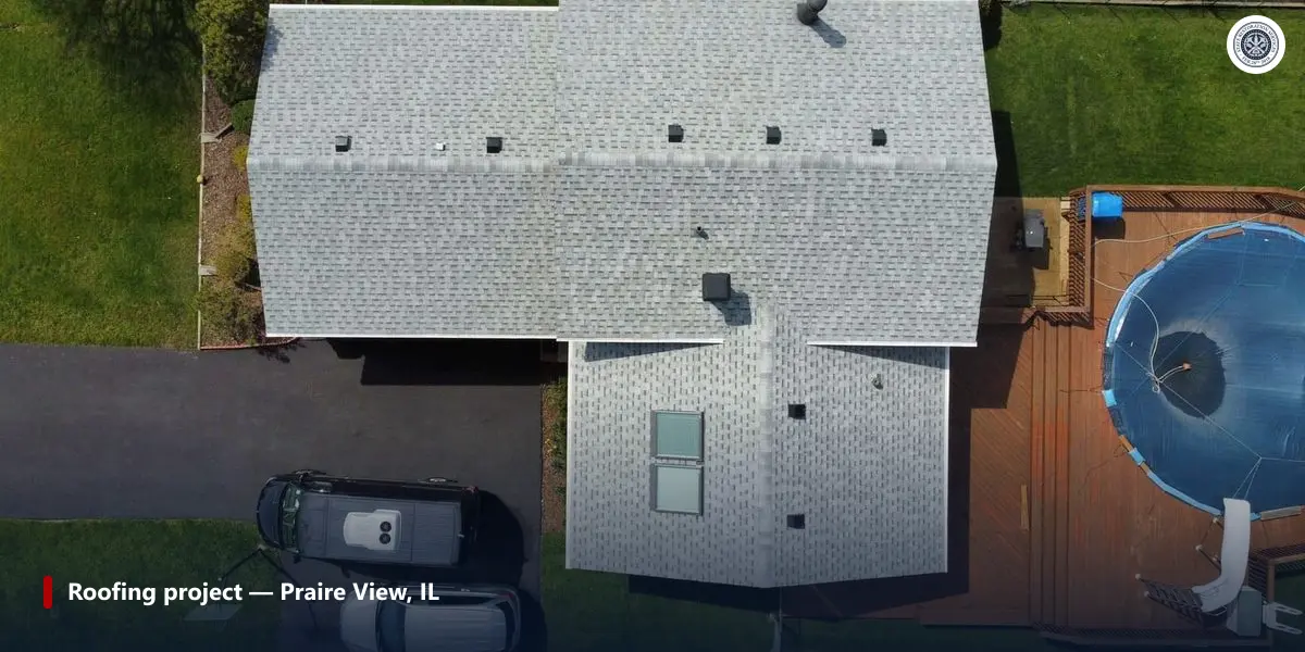 Aerial view of a completed asphalt shingle roofing project in the Chicago suburbs