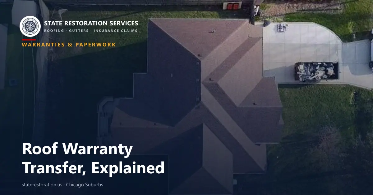 Aerial view of a completed asphalt shingle roof on a Chicago-suburb home after a full replacement