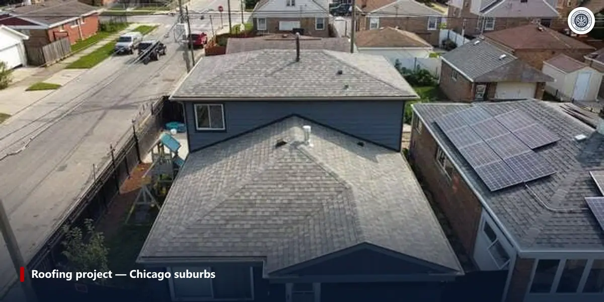 Aerial view of a finished shingle roof and siding on a Chicago-area home