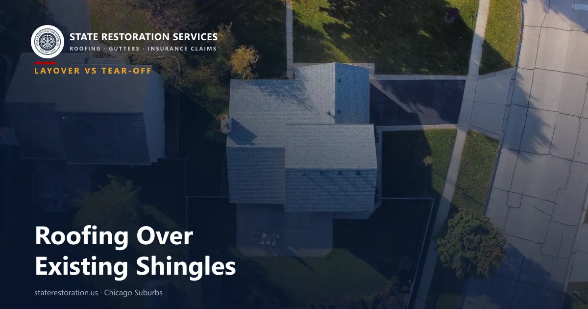 Aerial view of a finished asphalt shingle roof on a Chicago-suburb home, installed as a full tear-off replacement