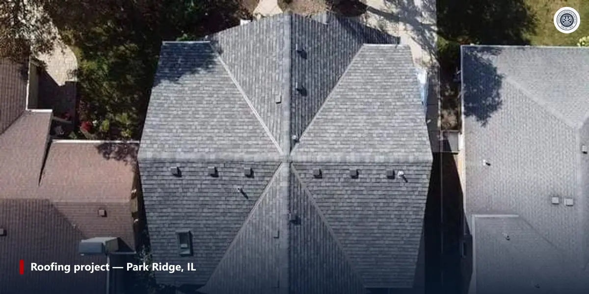 Aerial view of a completed asphalt shingle roof showing straight, even course lines across both hip slopes