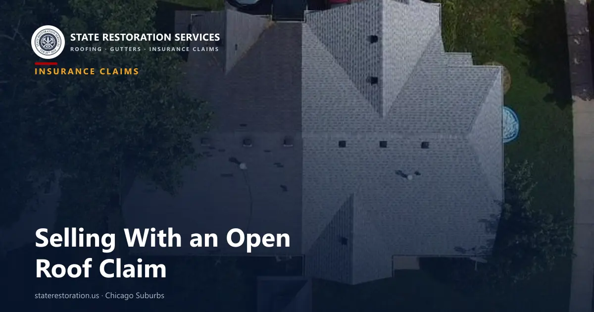 Aerial view of a suburban Illinois roof on a home being sold with an open insurance claim