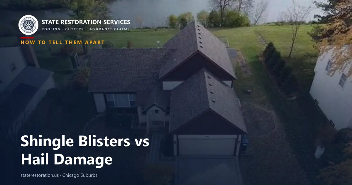 Aerial view of a shingle roof, cover image for a guide to telling shingle blisters from hail damage