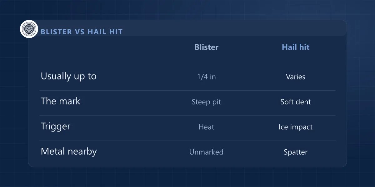 Comparison table of shingle blisters versus hail hits by size, type of mark, trigger and marks on nearby metal
