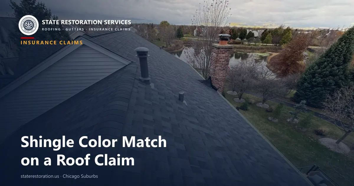 Dark asphalt shingle roof on a Chicago-suburb home before an insurance color-match claim