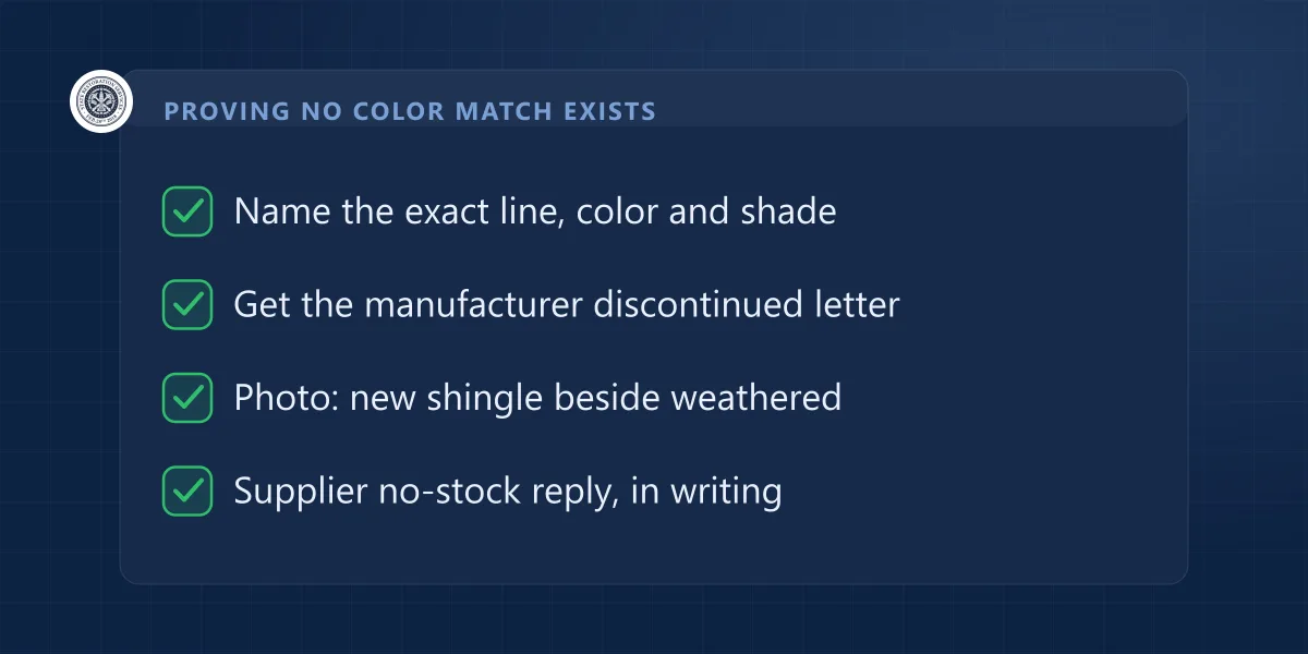 Checklist for proving a shingle color match is unavailable on a roof insurance claim