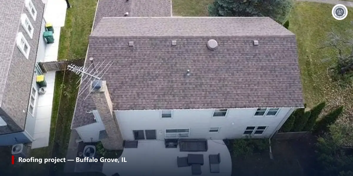 Aerial view of a completed single-slope asphalt roof replacement in Buffalo Grove, Illinois