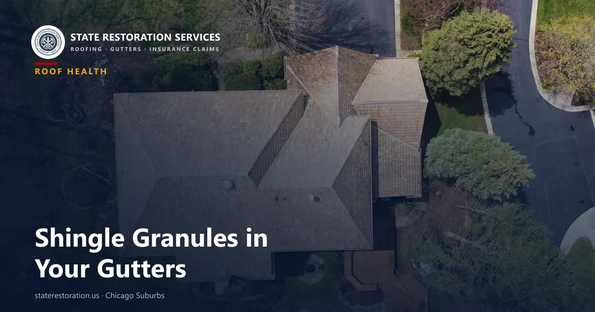 Aerial view of an asphalt shingle roof, cover image for a guide to shingle granules in gutters