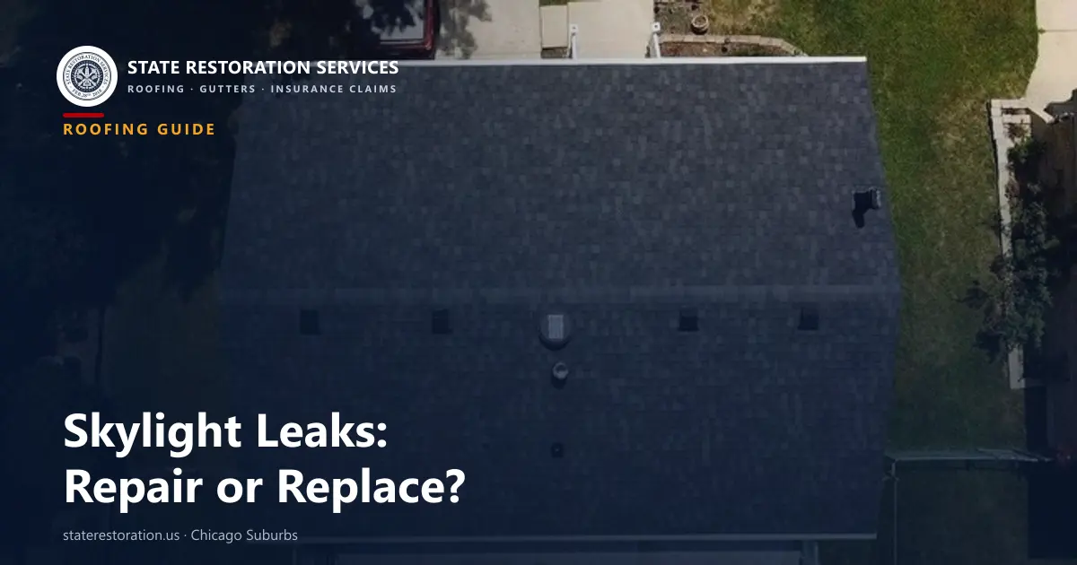 Aerial photo of an asphalt-shingle roof with a small skylight, illustrating a skylight leak repair guide for Chicago-area homeowners