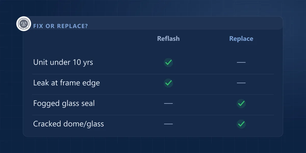 Chart comparing reflashing versus full skylight replacement by unit age, leak location, and glass condition