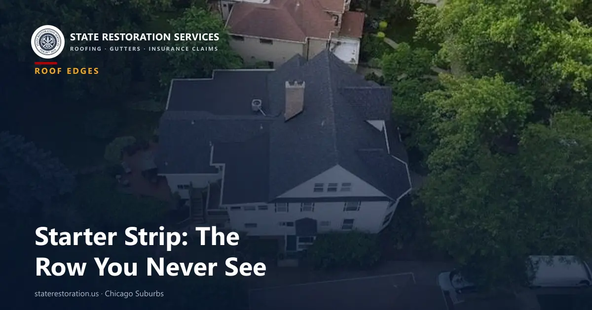 Aerial view of a completed shingle roof in the Chicago suburbs, showing the eave and rake edges where starter strip goes