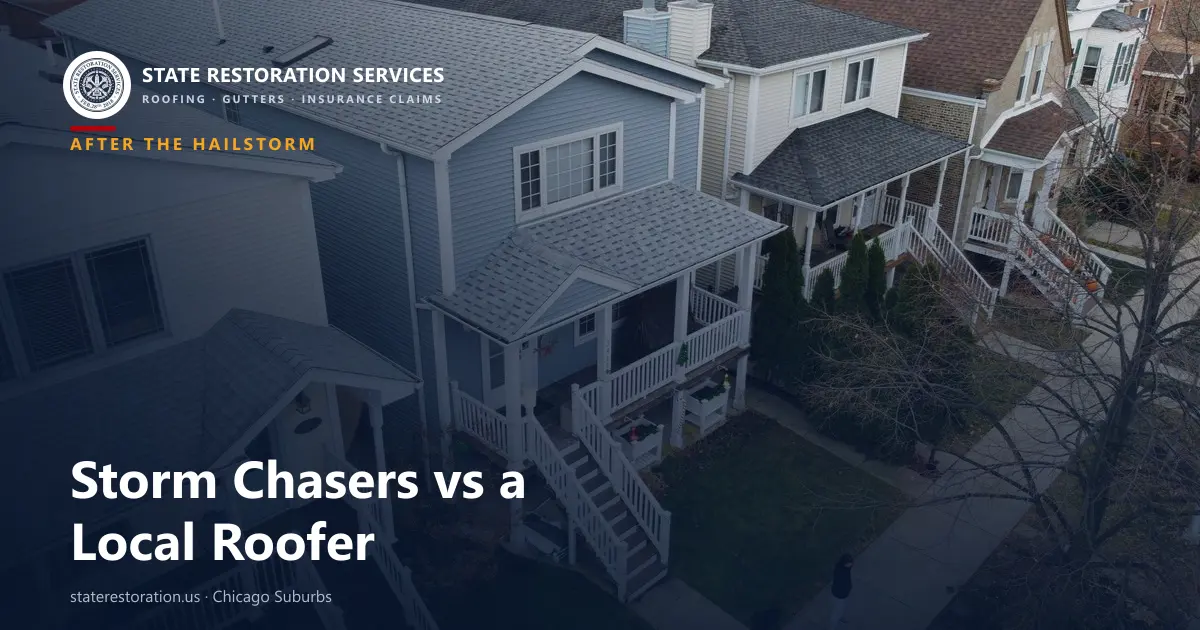 Aerial view of a Chicago-suburbs neighborhood used to illustrate storm chasers vs. a local roofer after a hailstorm