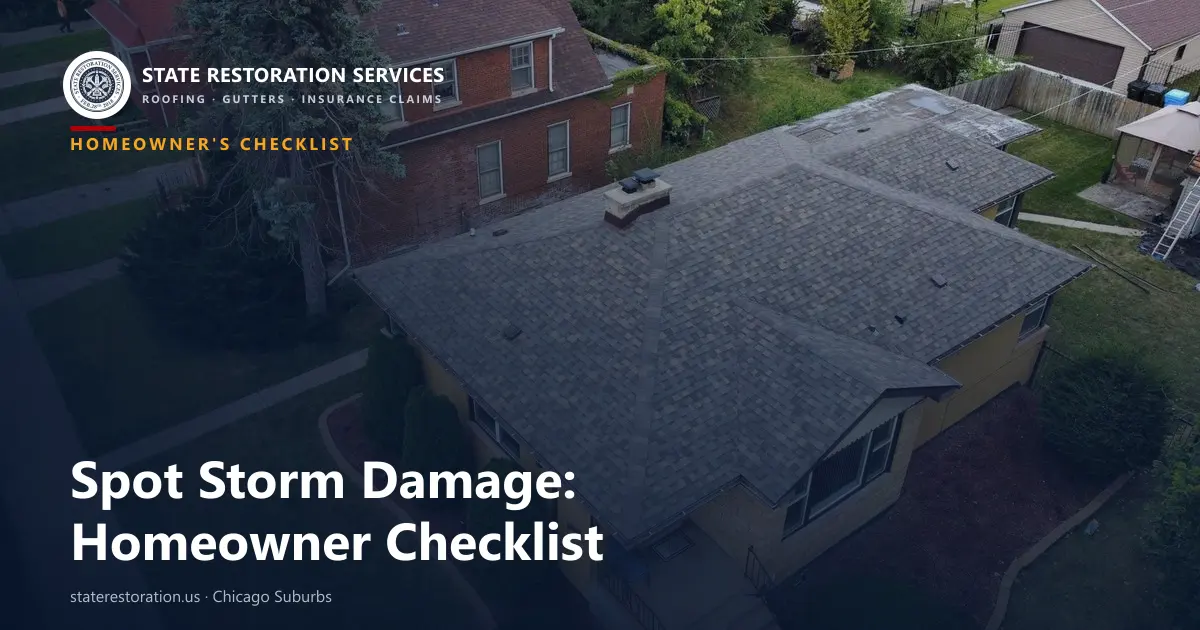 Aerial view of a Chicago-suburb roof after a storm, used for a storm damage checklist guide