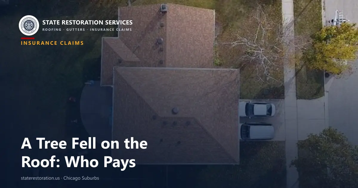 Aerial view of a hip shingle roof on a suburban house with bare trees beside the driveway